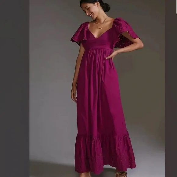 chinese dress ladies Stripe Flutter Sleeve Smocked Bodice Tiered Maxi Dress Deep Rose / XL main image 0